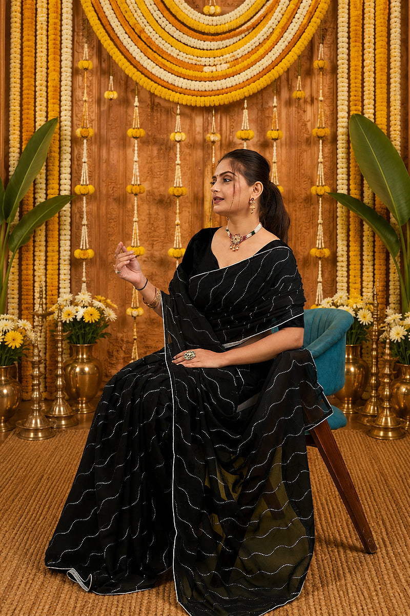 Black Beaded Swarovski Georgette Fancy Saree