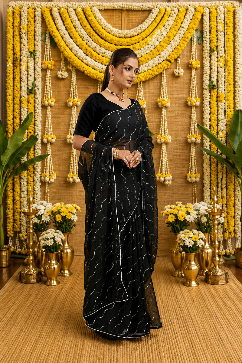 Black Beaded Swarovski Georgette Fancy Saree