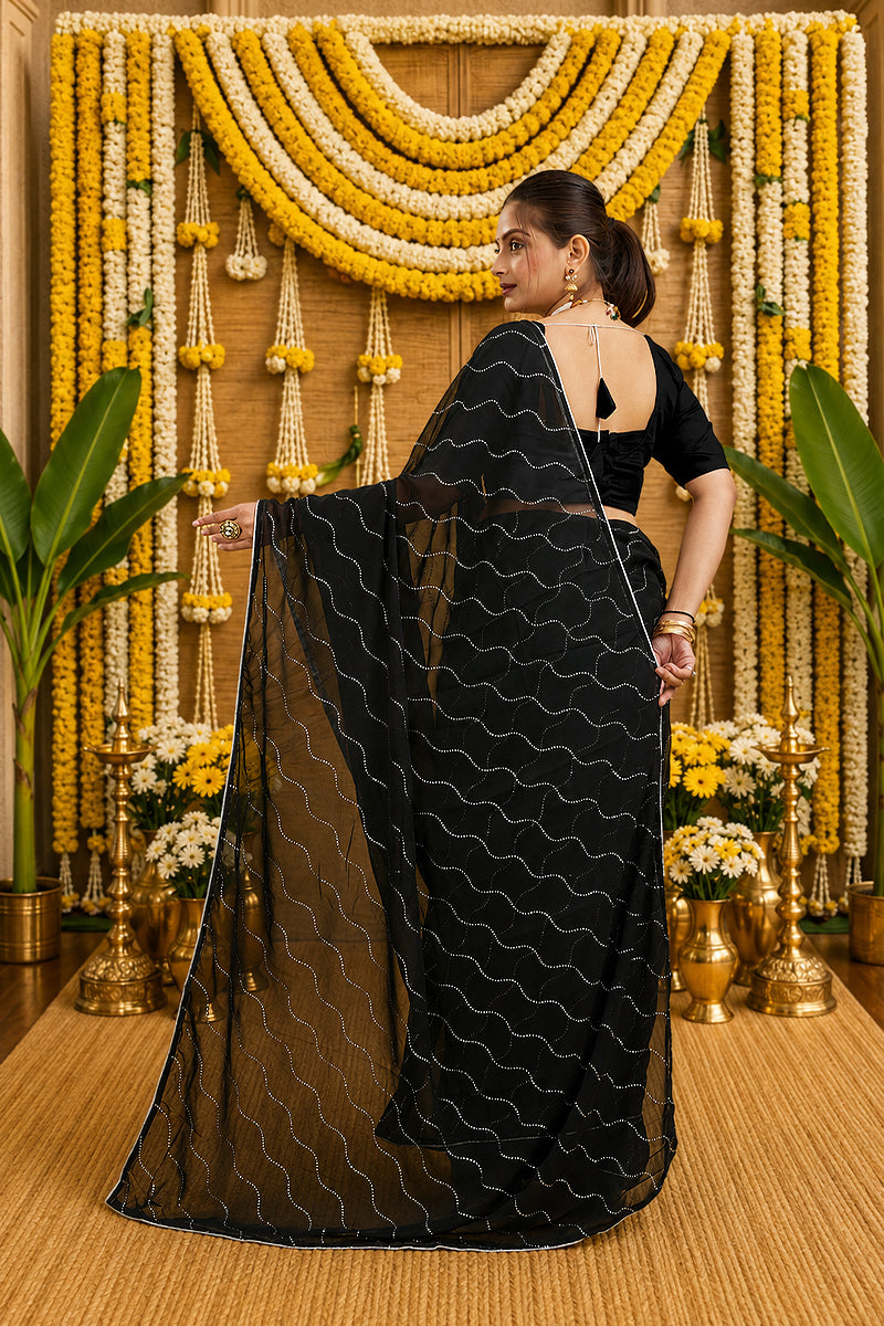 Black Beaded Swarovski Georgette Fancy Saree
