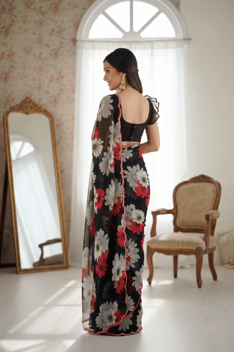 Black Floral Printed Georgette Saree
