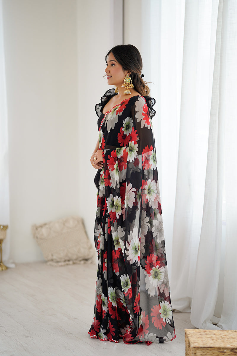 Black Floral Printed Georgette Saree