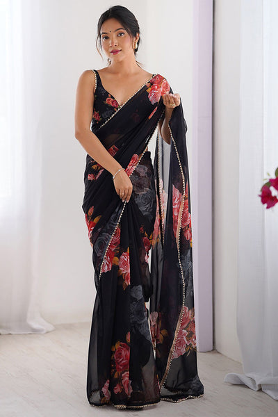 Black Printed Georgette Lace Saree
