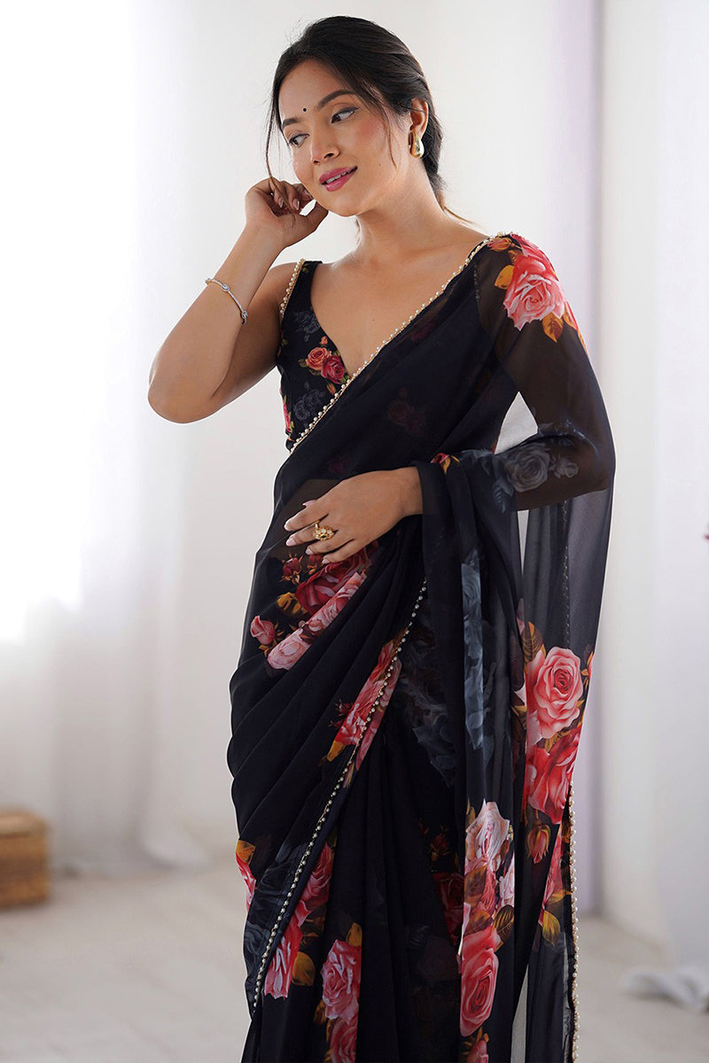 Black Printed Georgette Lace Saree