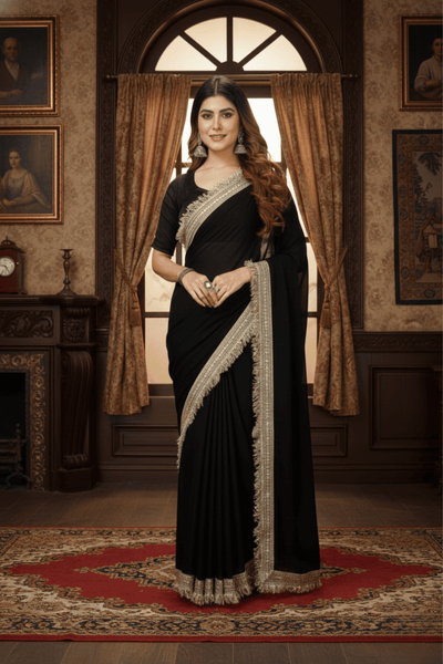 Black Solid Georgette Lace Saree