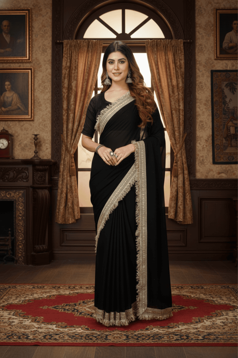 Black Solid Georgette Lace Saree