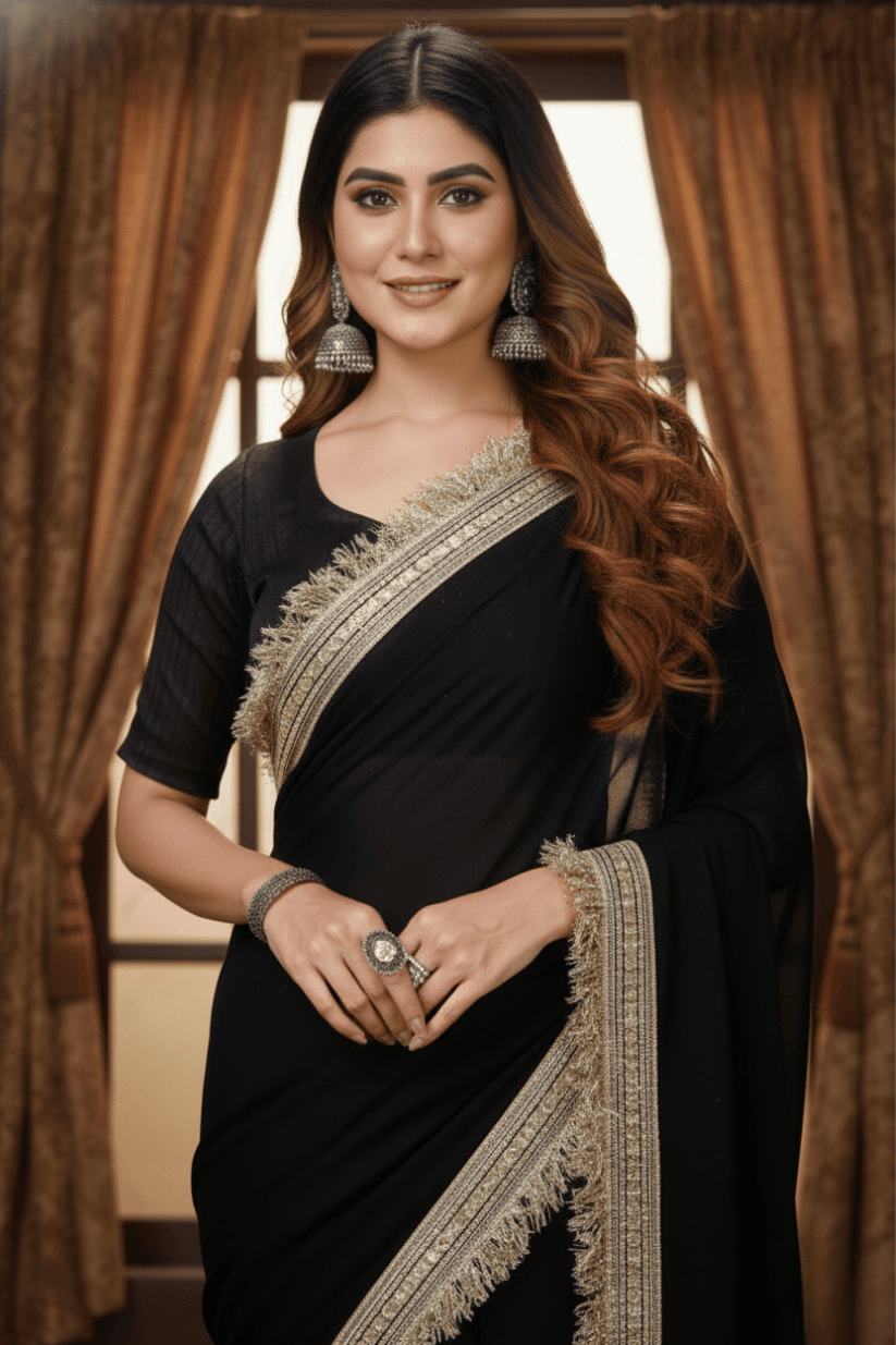 Black Solid Georgette Lace Saree