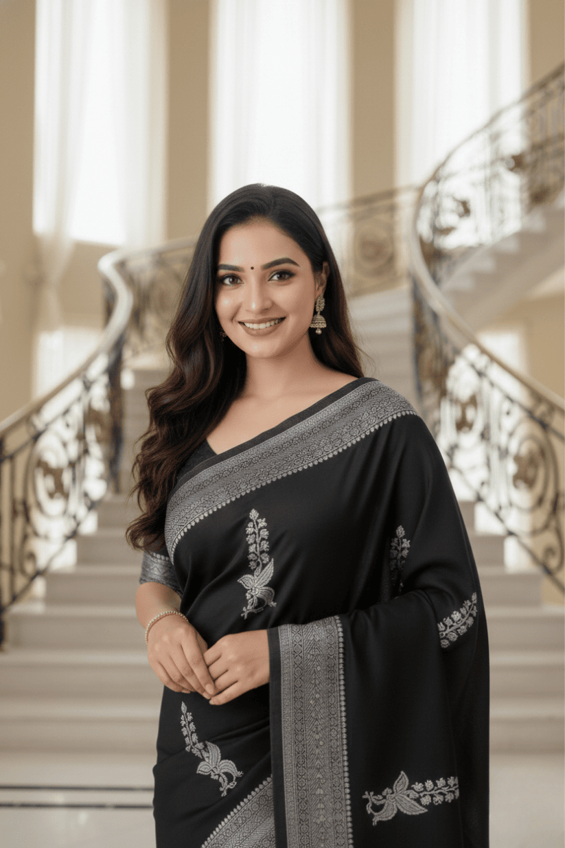 Black Solid Woven Silk Saree