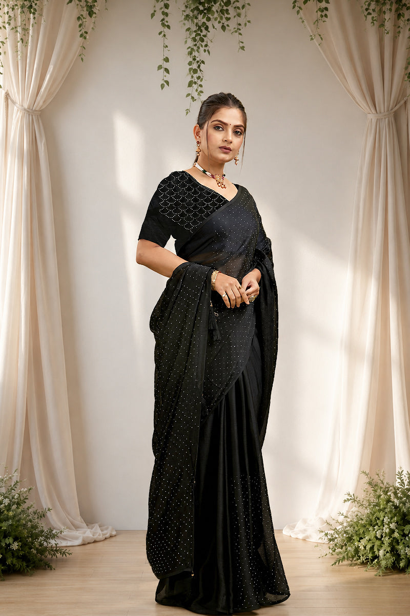 Black Stone Work Satin Chiffon Saree