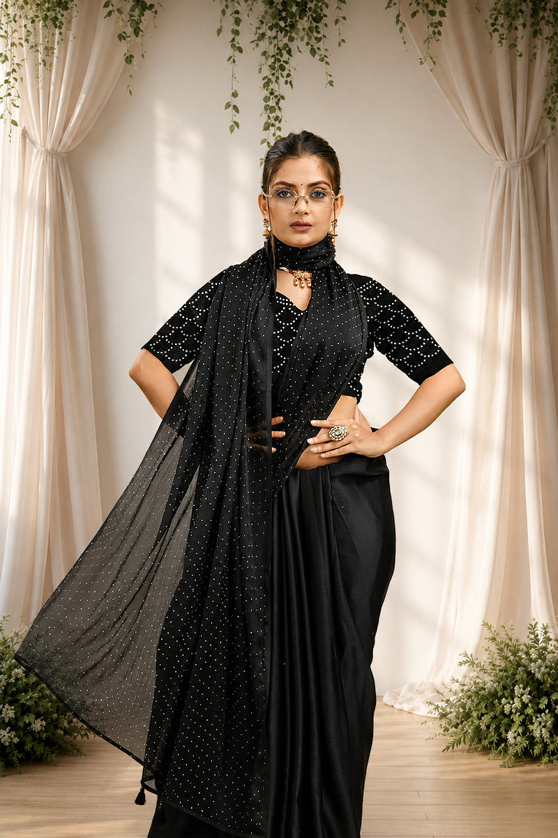 Black Stone Work Satin Chiffon Saree
