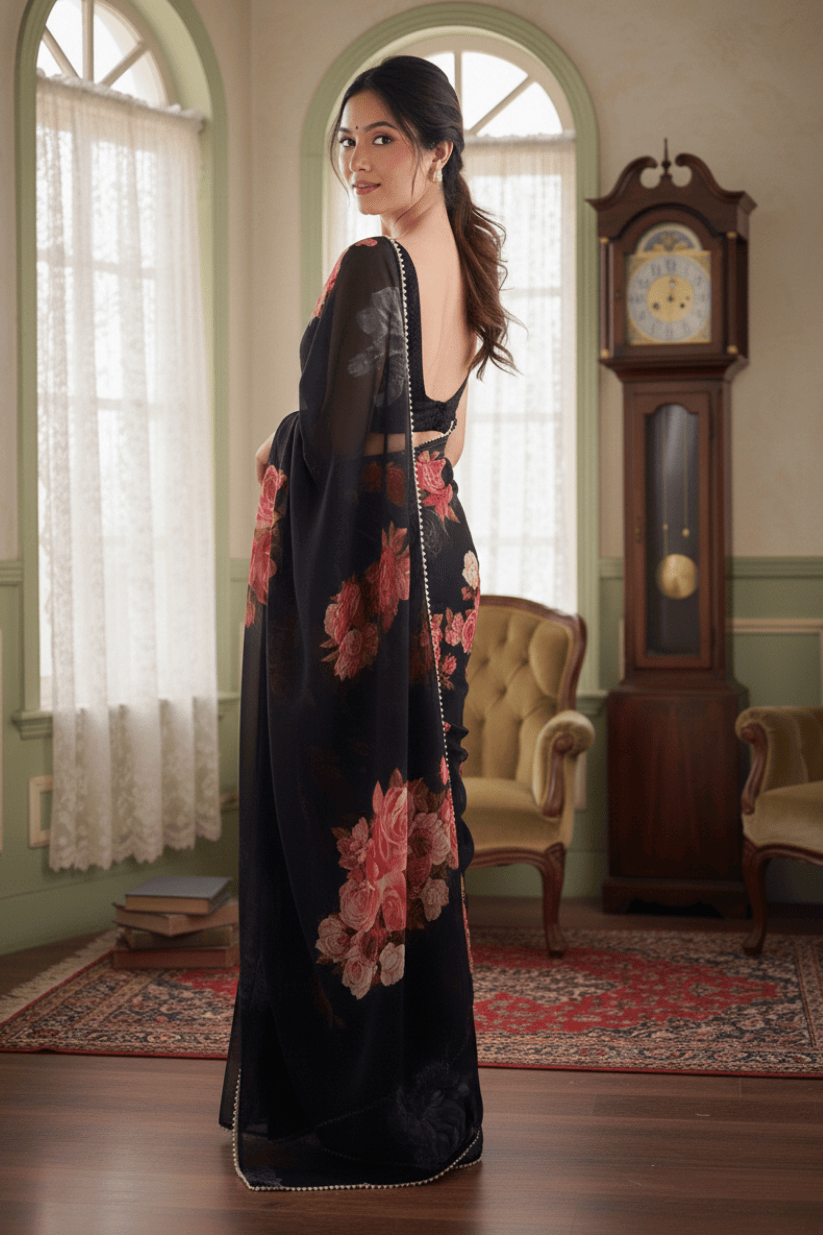 Black Printed Georgette Lace Saree