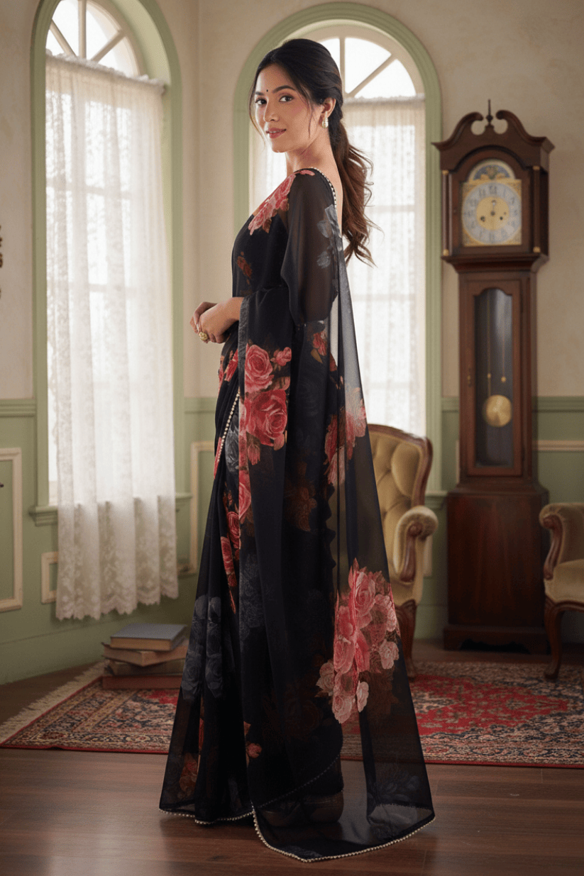 Black Printed Georgette Lace Saree