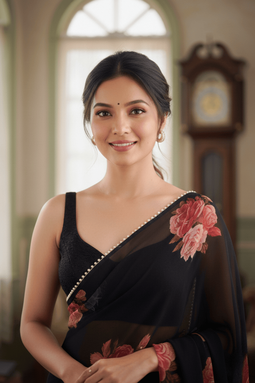 Black Printed Georgette Lace Saree