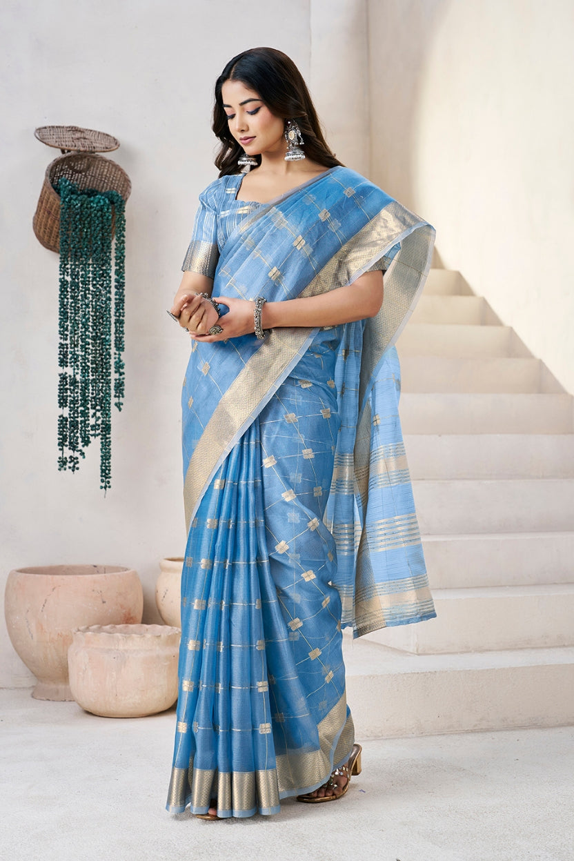 Blue Linen Cotton Zari Silk Weaving Saree
