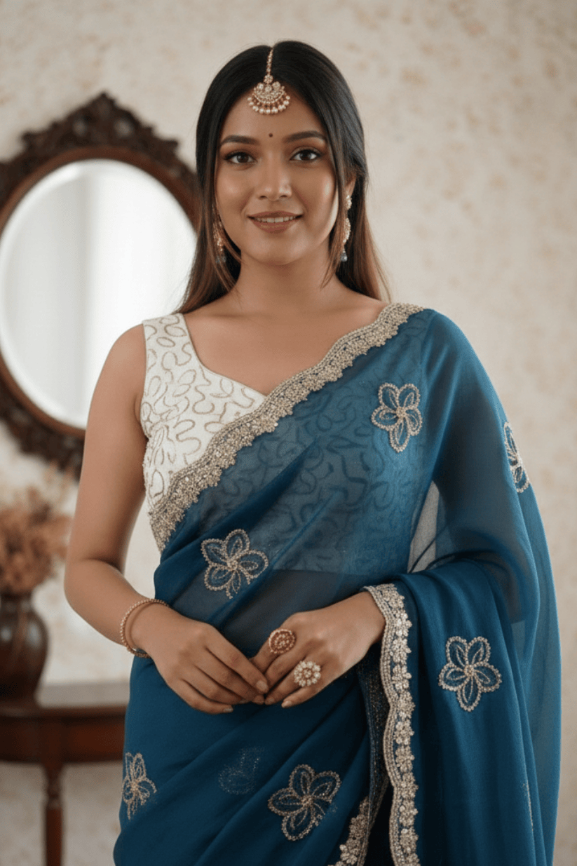 Blue Crunchy Silk Embroidery Saree