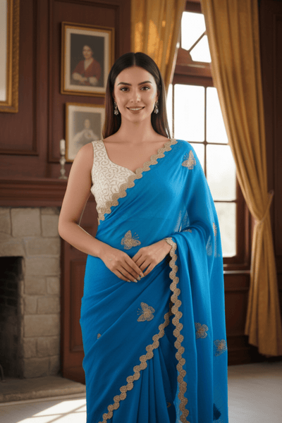 Blue Crunchy Silk Embroidery Saree