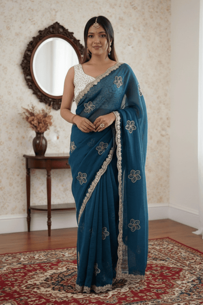Blue Crunchy Silk Embroidery Saree