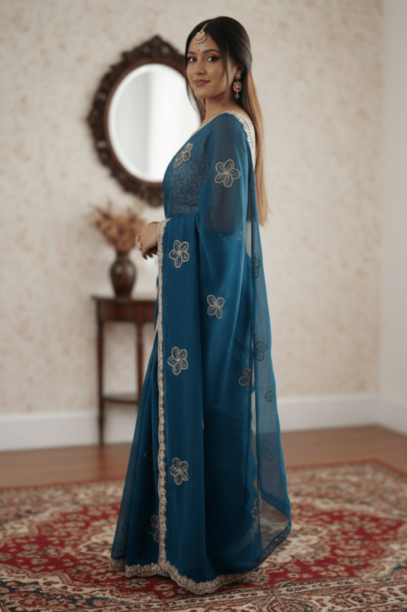 Blue Crunchy Silk Embroidery Saree