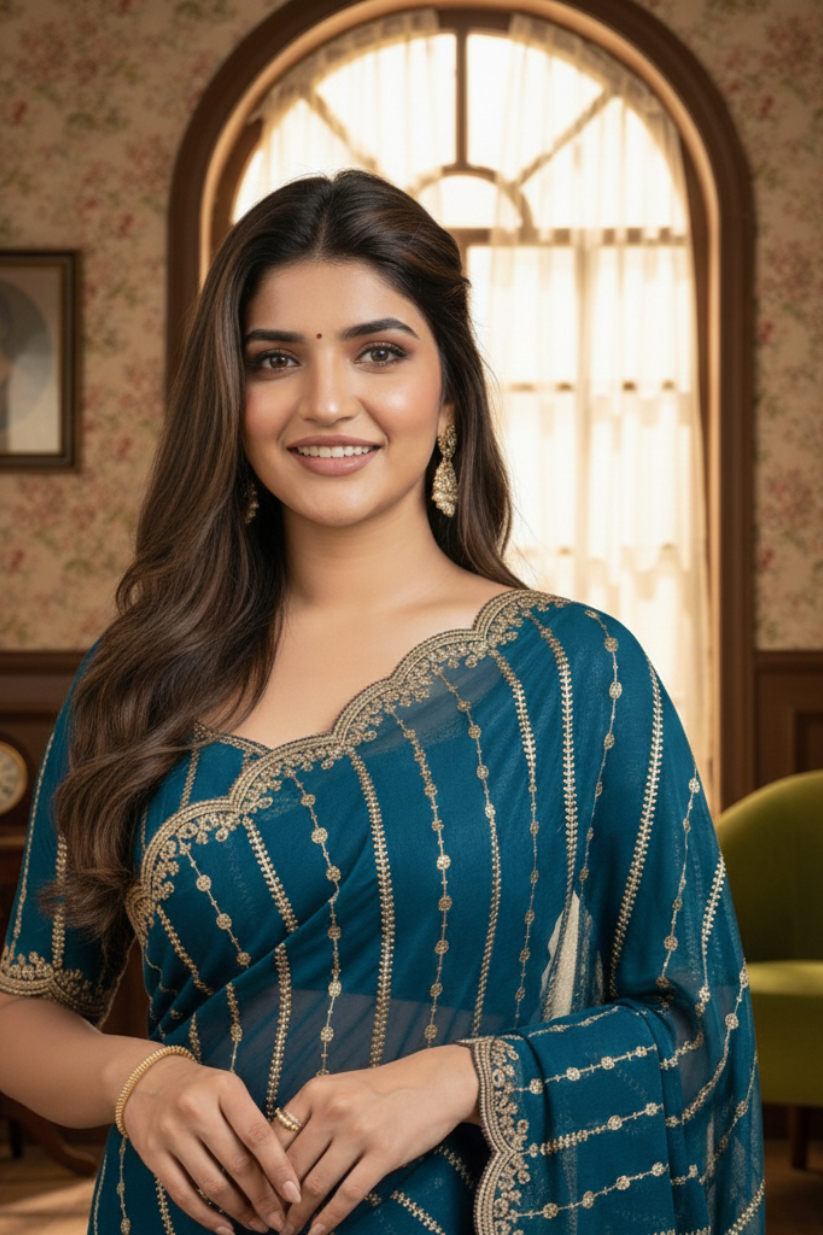 Blue Fendi Satin Embroidery Saree