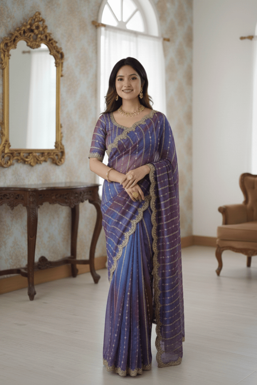 Blue Fendi Satin Embroidery Saree