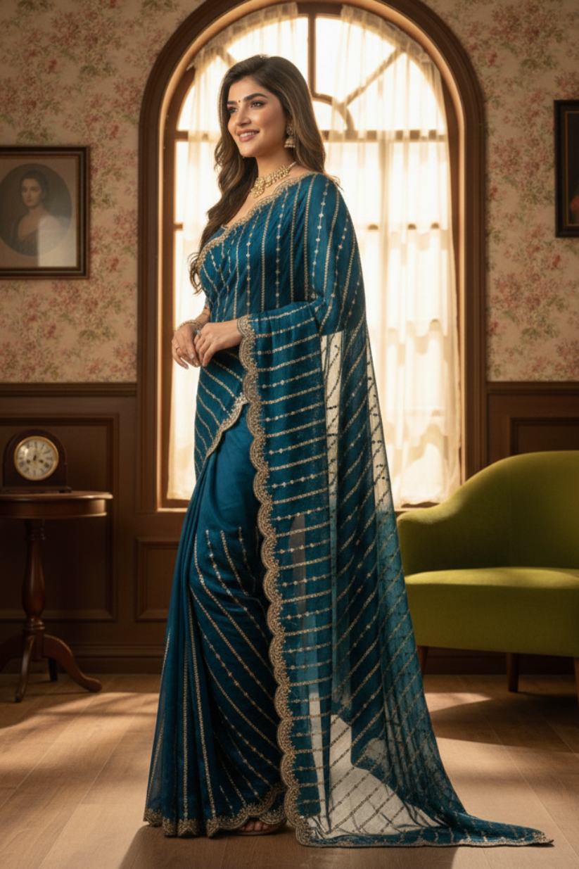 Blue Fendi Satin Embroidery Saree