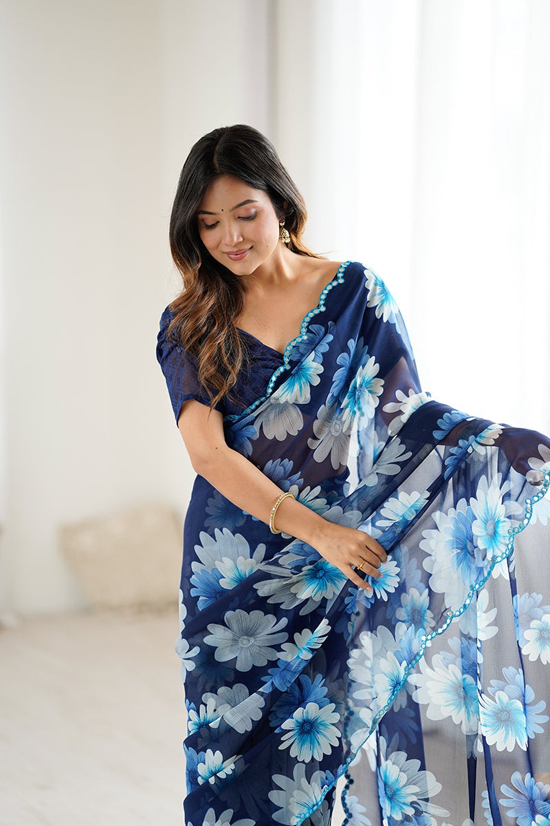 Blue Floral Printed Georgette Saree