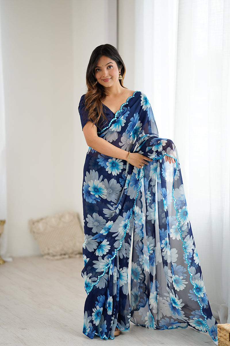 Blue Floral Printed Georgette Saree