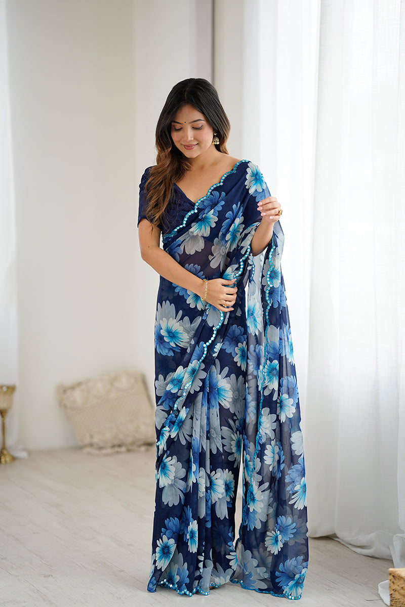 Blue Floral Printed Georgette Saree