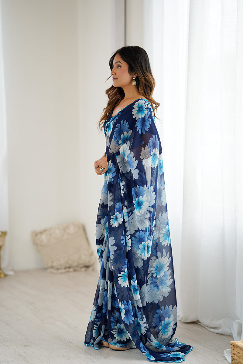 Blue Floral Printed Georgette Saree