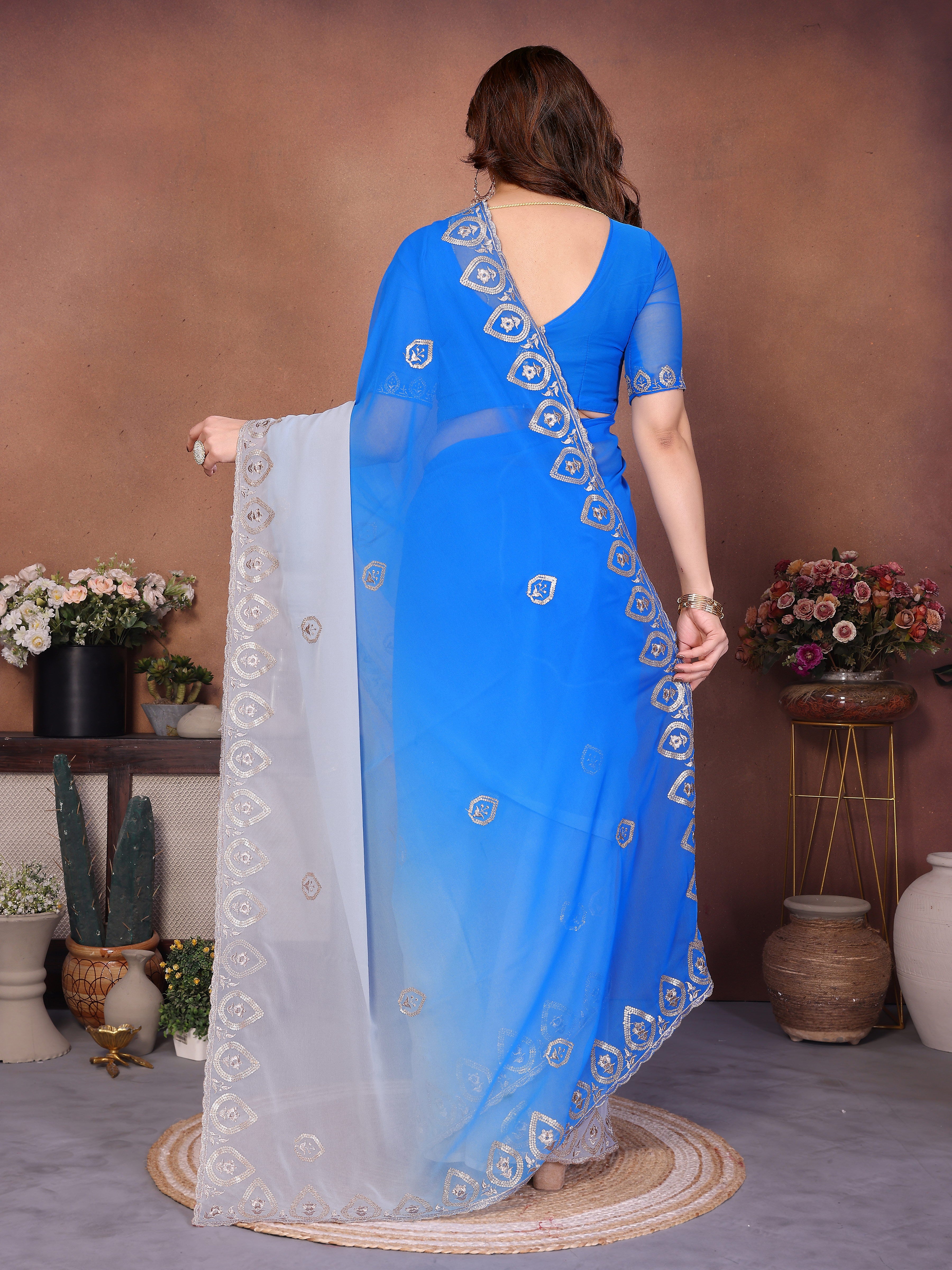 Blue Georgette Embroidered Saree