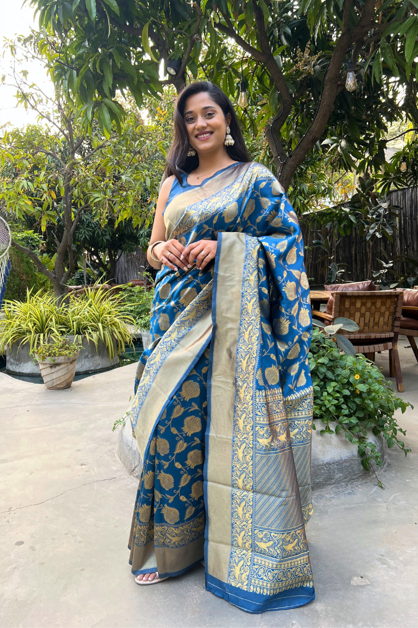 Blue Golden Zari Silk Blend Saree
