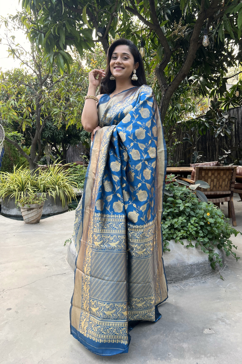 Blue Golden Zari Silk Blend Saree