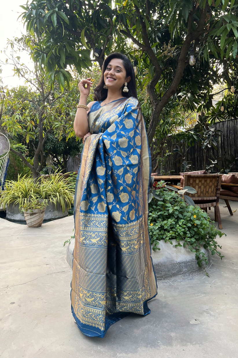 Blue Golden Zari Silk Blend Saree