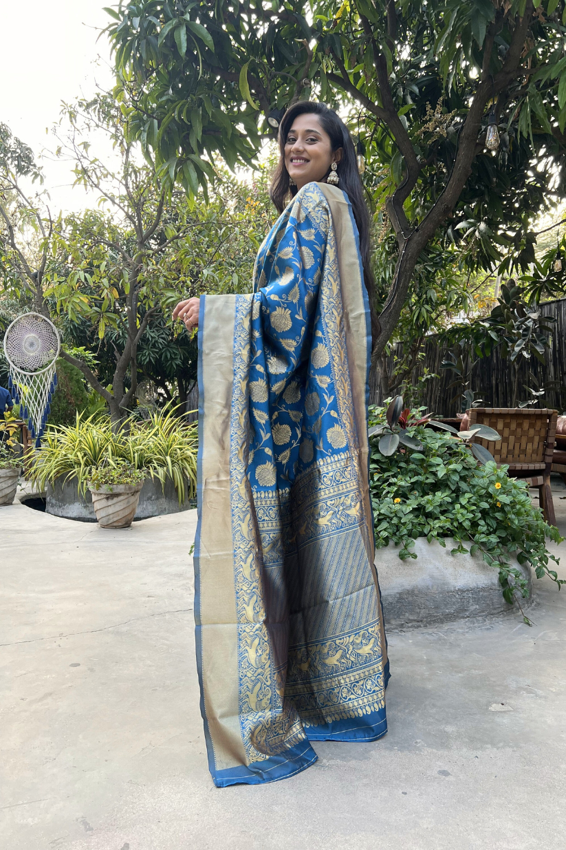 Blue Golden Zari Silk Blend Saree
