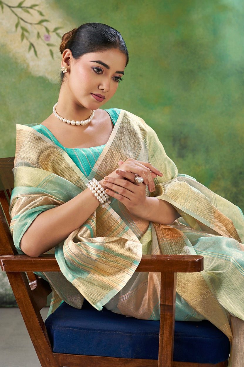 Blue Linen Cotton Zari Weaving Saree