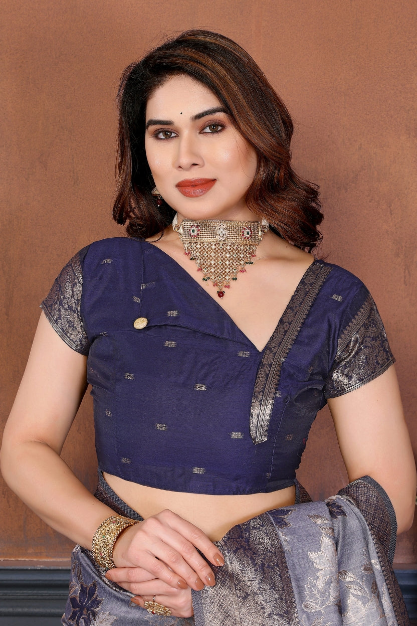 Blue Lotus Cotton Blend Jacquard Zari Saree