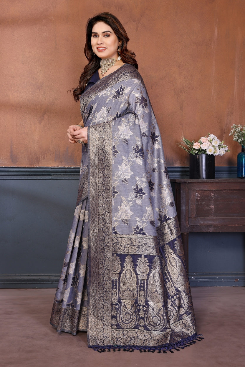 Blue Lotus Cotton Blend Jacquard Zari Saree