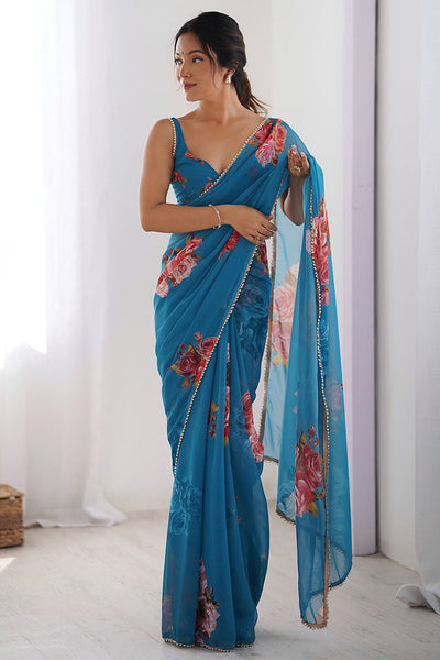 Blue Printed Georgette Lace Saree