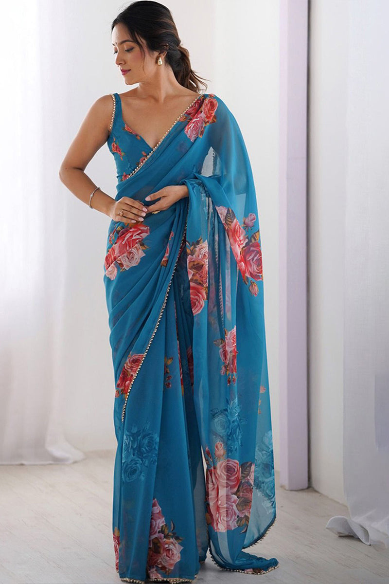 Blue Printed Georgette Lace Saree