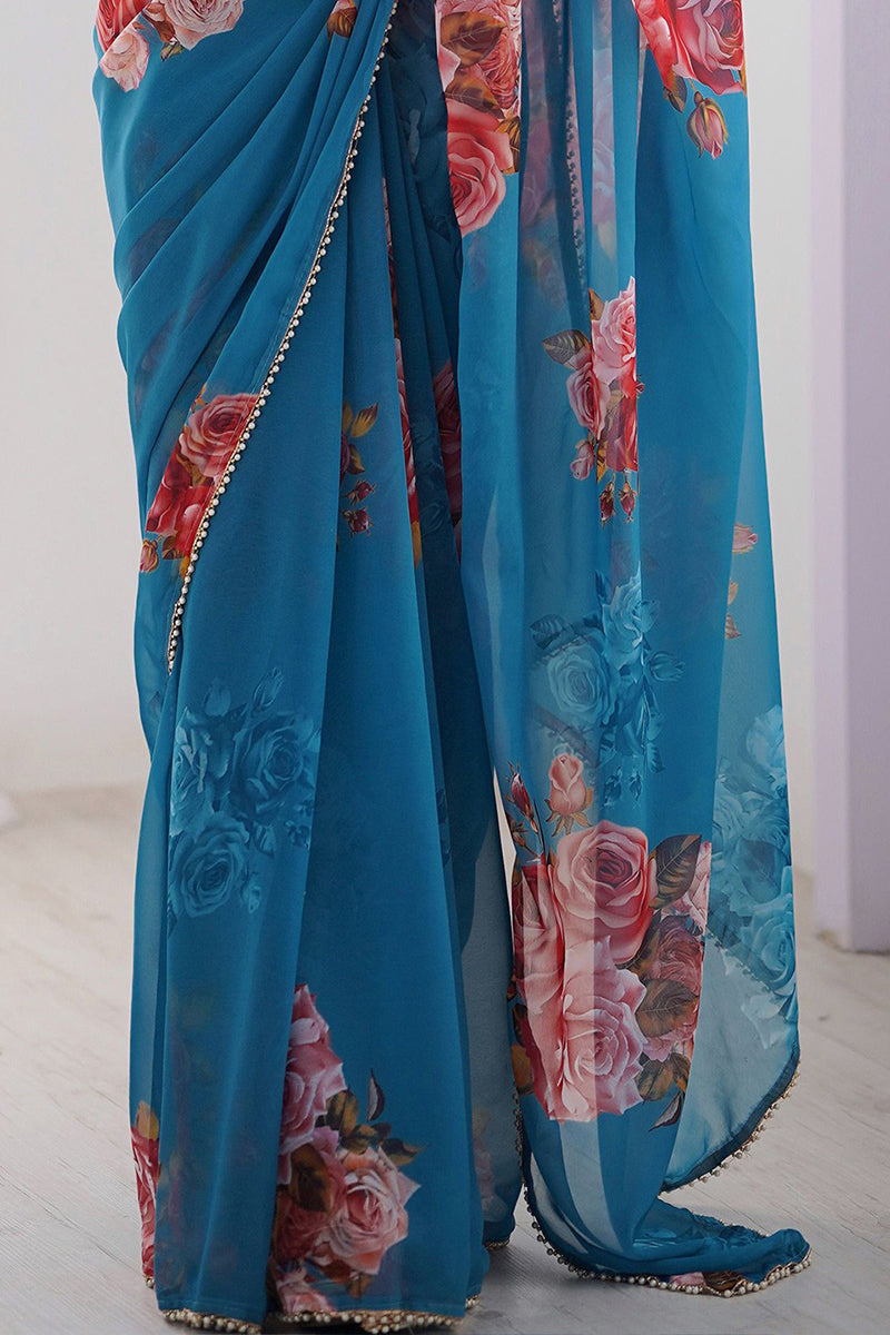 Blue Printed Georgette Lace Saree