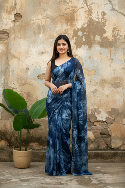 Blue Ready To Wear Marble Dyed Rangoli Silk Saree