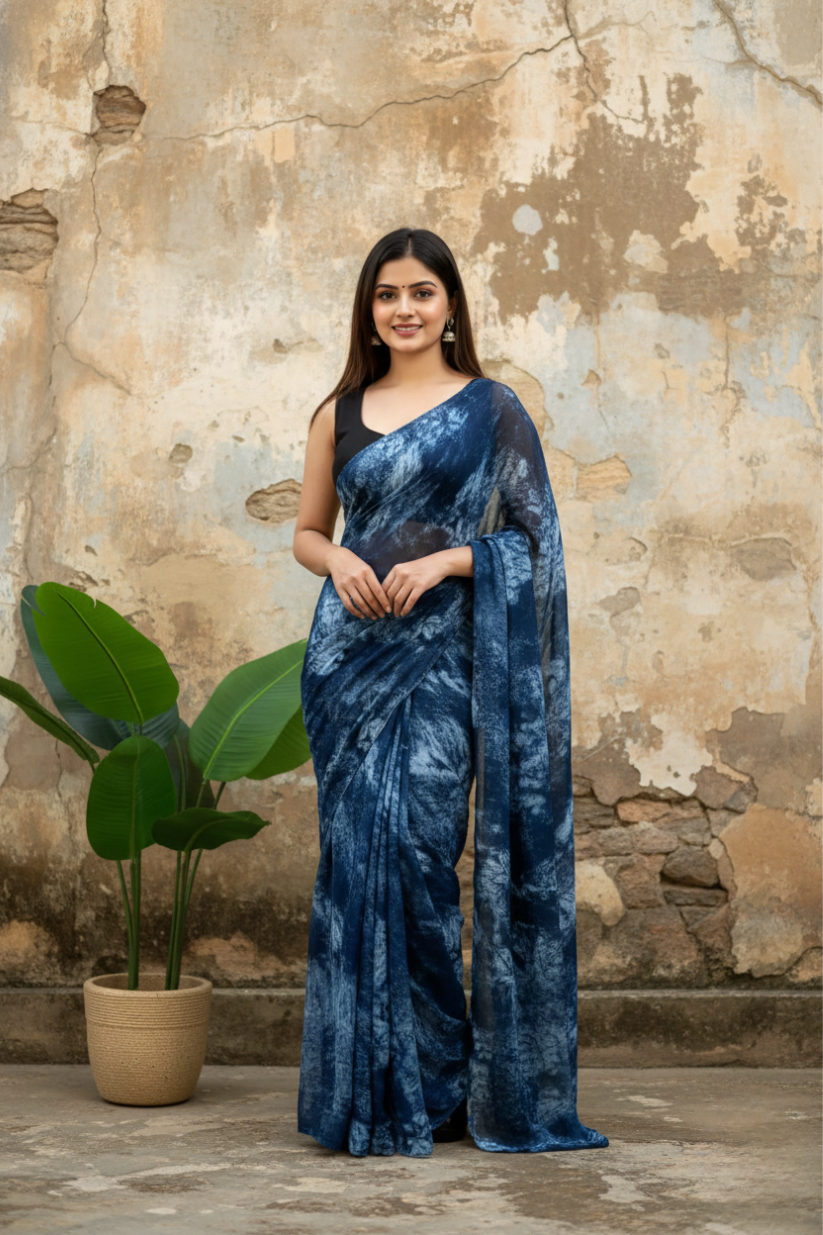 Blue Ready To Wear Marble Dyed Rangoli Silk Saree