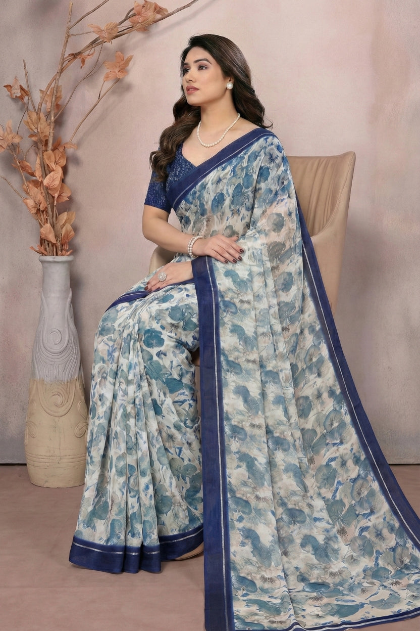 Blue Satin Printed Saree