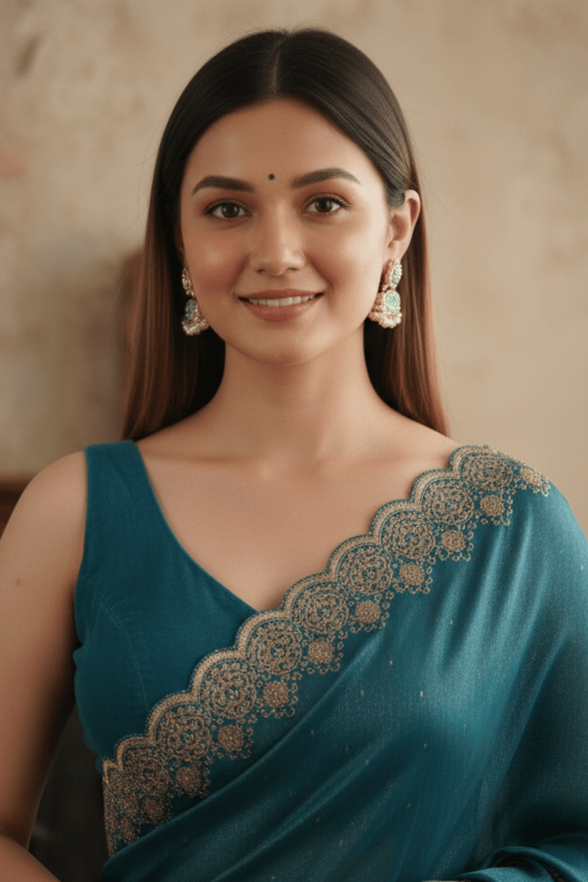 Blue Soft Silk Swarovski Embroidery Saree