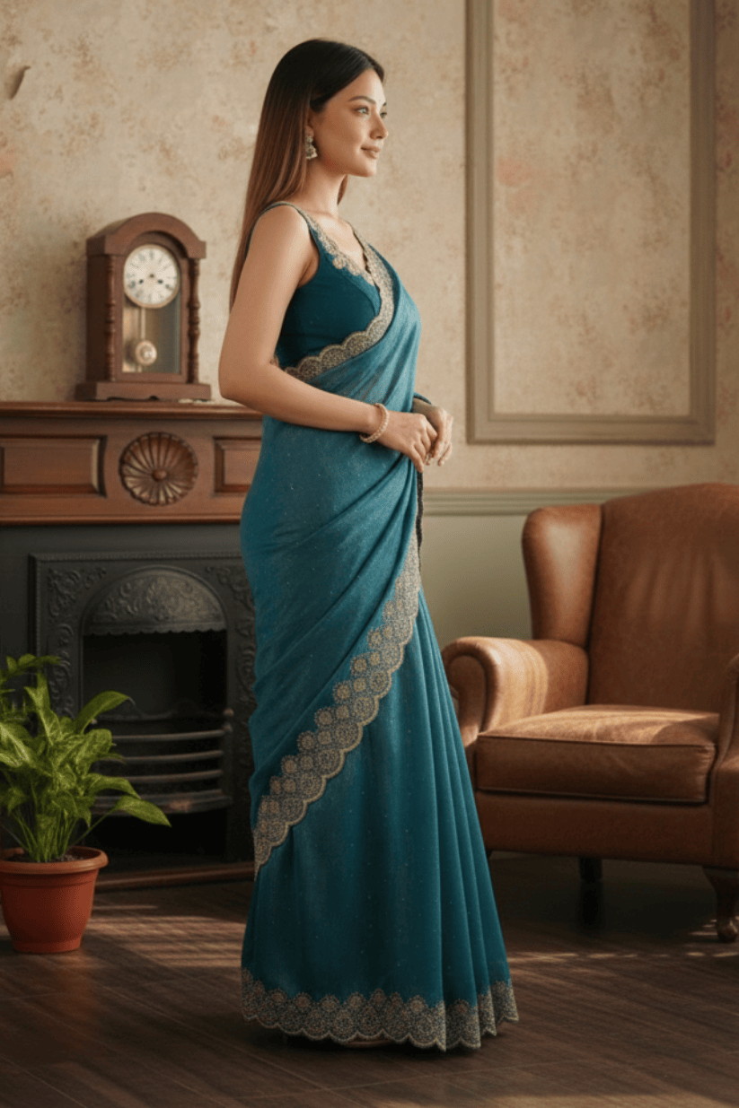 Blue Soft Silk Swarovski Embroidery Saree