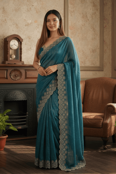 Blue Soft Silk Swarovski Embroidery Saree
