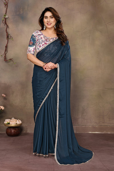 Blue Solid Plain Georgette Saree