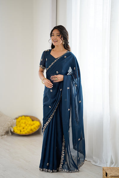 Blue Embroidered Georgette Lace Saree