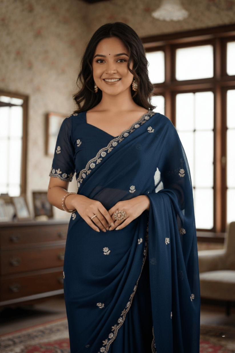 Blue Embroidered Georgette Lace Saree