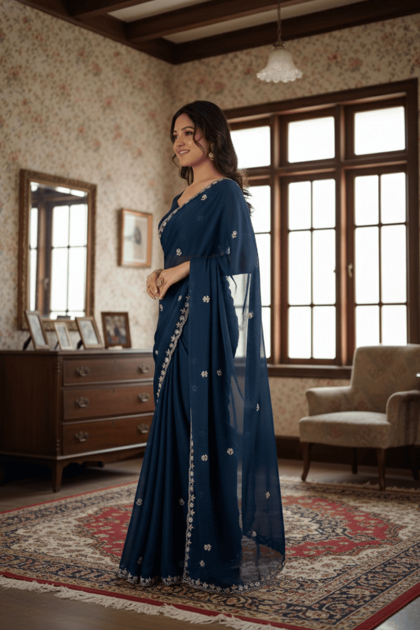 Blue Embroidered Georgette Lace Saree
