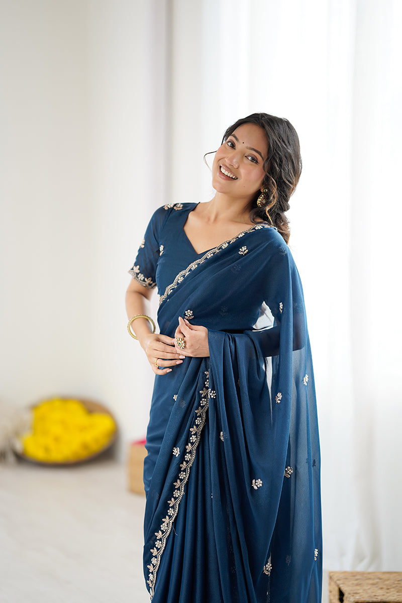 Blue Embroidered Georgette Lace Saree